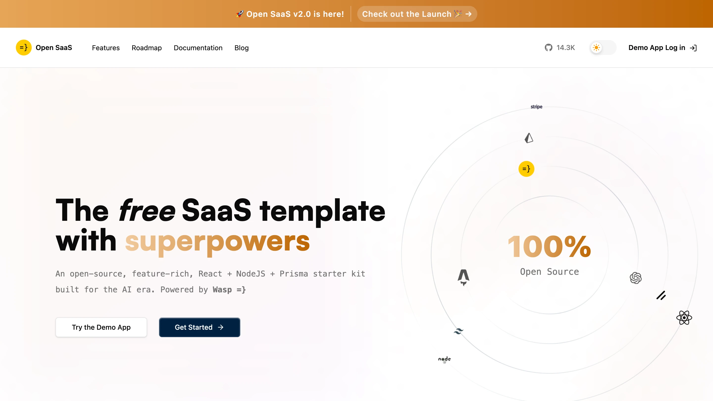 The Open SaaS landing page โ a free, open-source React + NodeJS + Prisma SaaS starter
