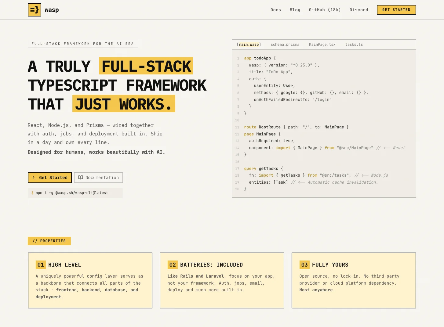 Wasp's new landing page: 'A truly full-stack TypeScript framework that just works' with a code sample on the right
