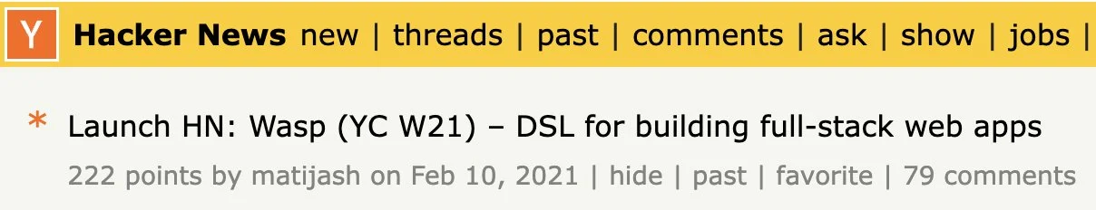 Wasp's Launch HN post on Hacker News from February 2021