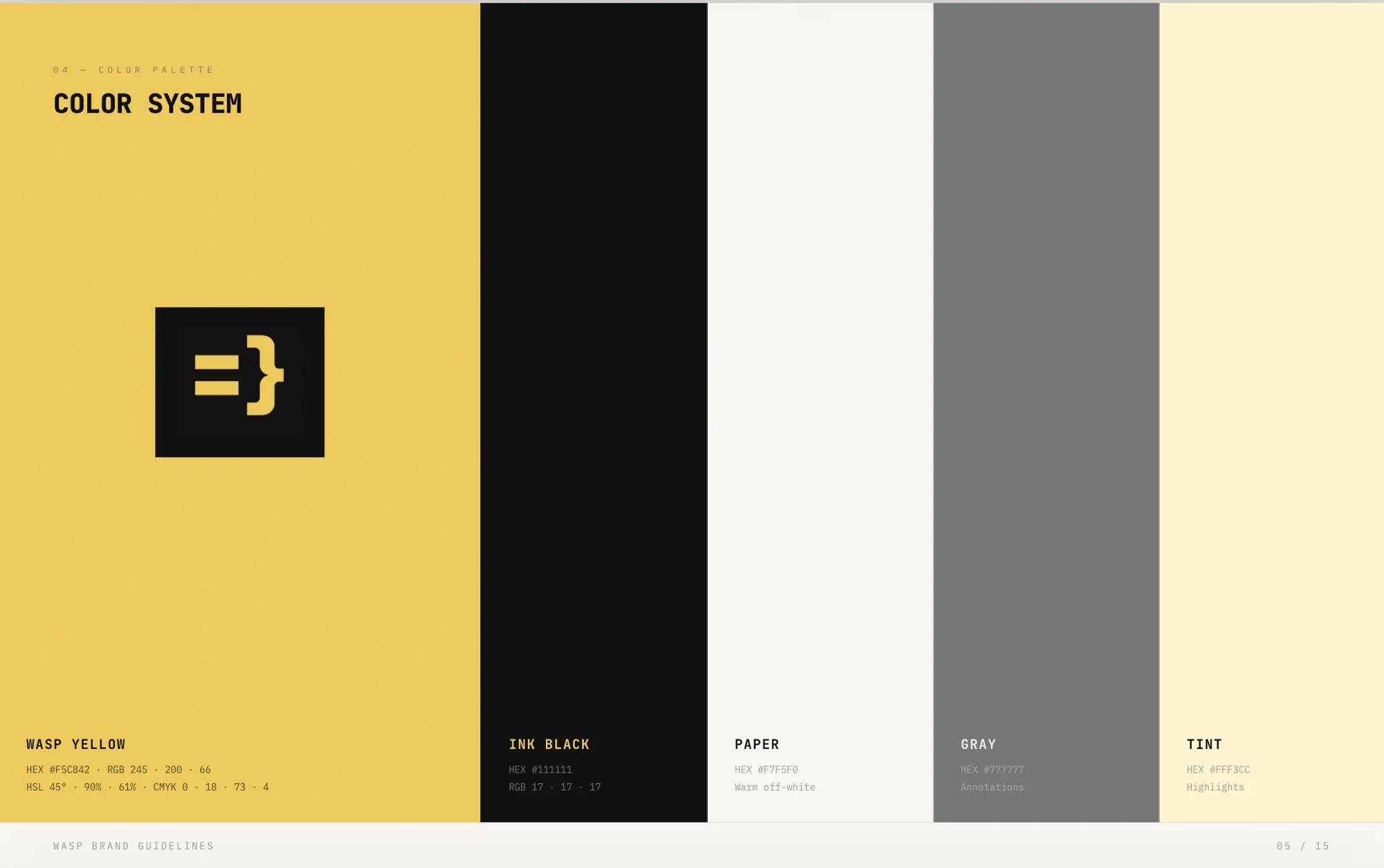 The Wasp brandbook color-system page: five vertical stripes showing Wasp Yellow (#F5C842), Ink Black (#111111), Paper (#F7F5F0), Gray (#777777), and Tint (#FFF3CC), with the squared =} mark set on the yellow column