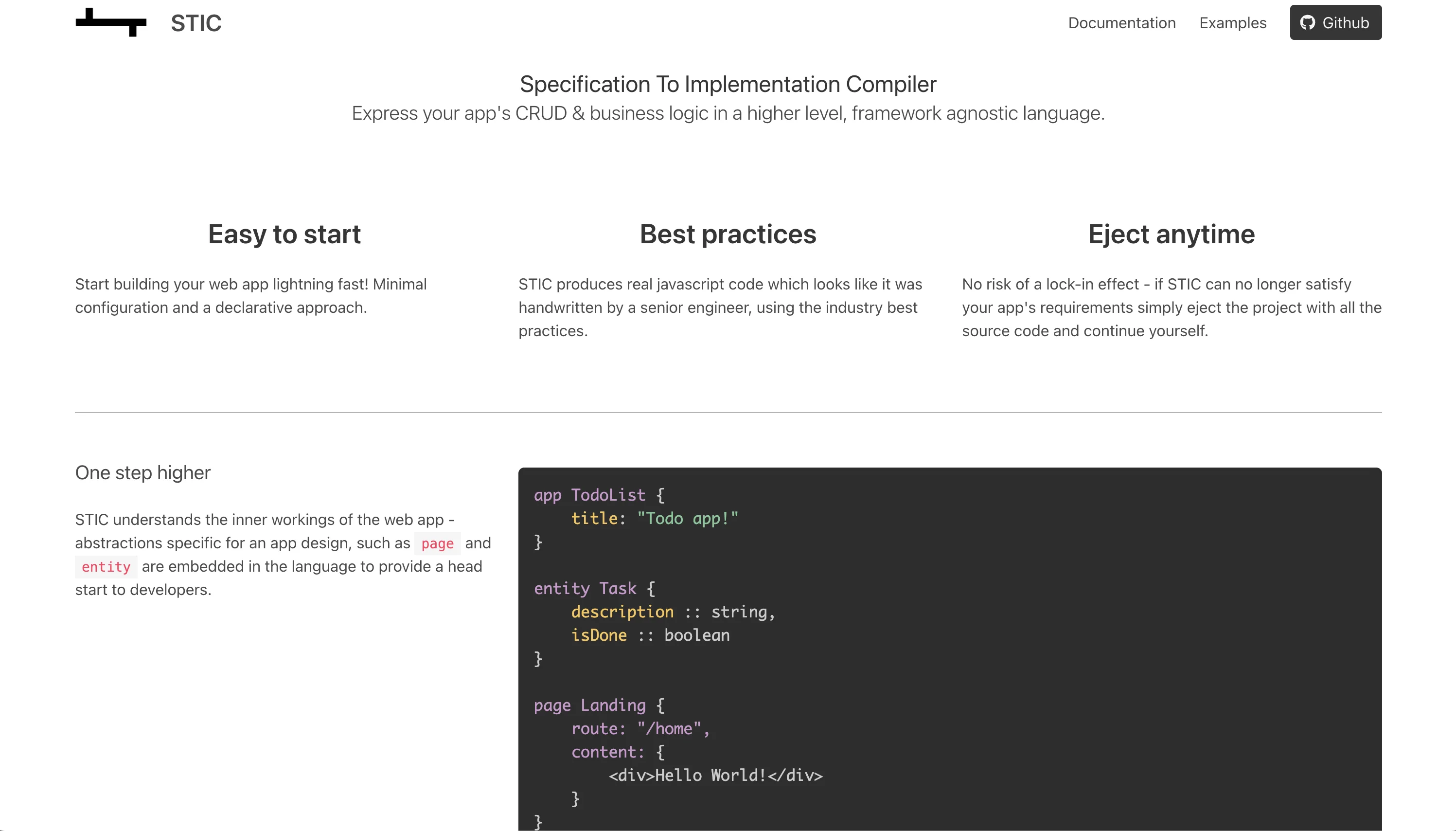 The stic-era landing page from 2019: minimal black-and-white Bulma styling, 'STIC' navbar, and the tagline 'Specification To Implementation Compiler'